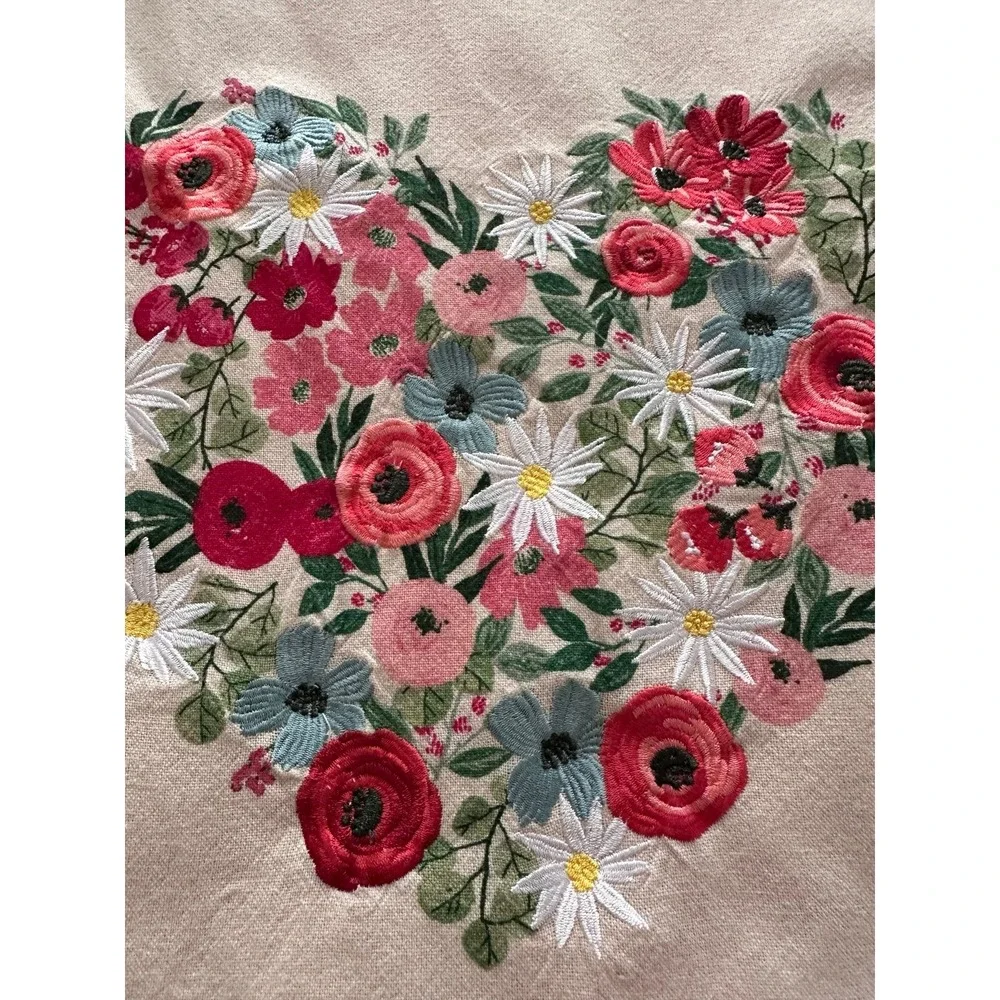 Rachel Ashwell Farmhouse Table Runner 14x70 Cream Floral Heart Embroidery